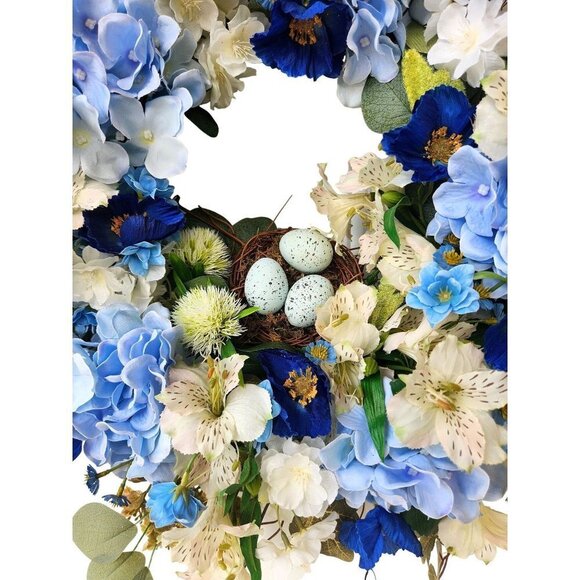 Blue Hydrangea wreath with poppies, birds nest and faux robin eggs. Beautiful!! - Picture 2 of 13